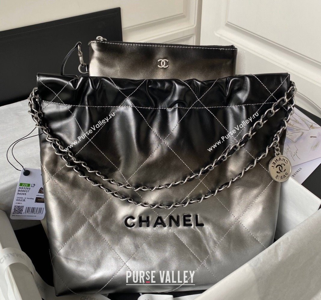 Chanel 22 Metallic Shaded Calfskin Small Shopping Bag AS3260 Black/Silver 2024 (yezi-240218010)