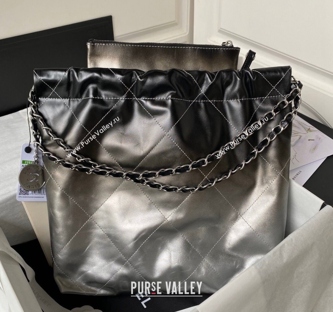 Chanel 22 Metallic Shaded Calfskin Small Shopping Bag AS3260 Black/Silver 2024 (yezi-240218010)