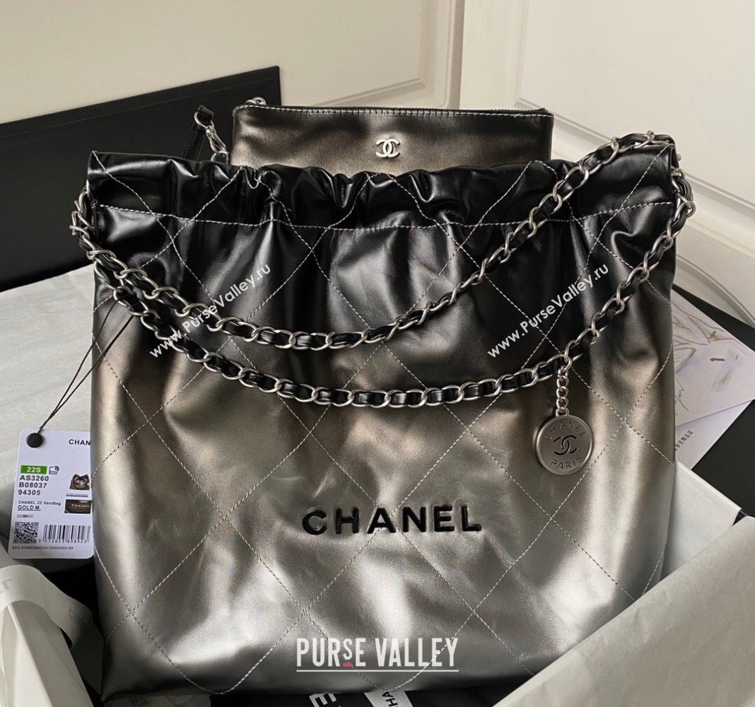 Chanel 22 Metallic Shaded Calfskin Shopping Bag AS3261 Black/Silver 2024 (yezi-240218011)