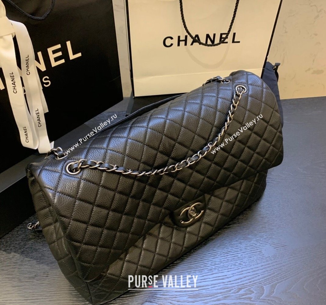 Chanel Classic Medium Airline Travel Flap Bag in Grained Calfskin A91169 Black/Silver 2024 (yingf-240218019)