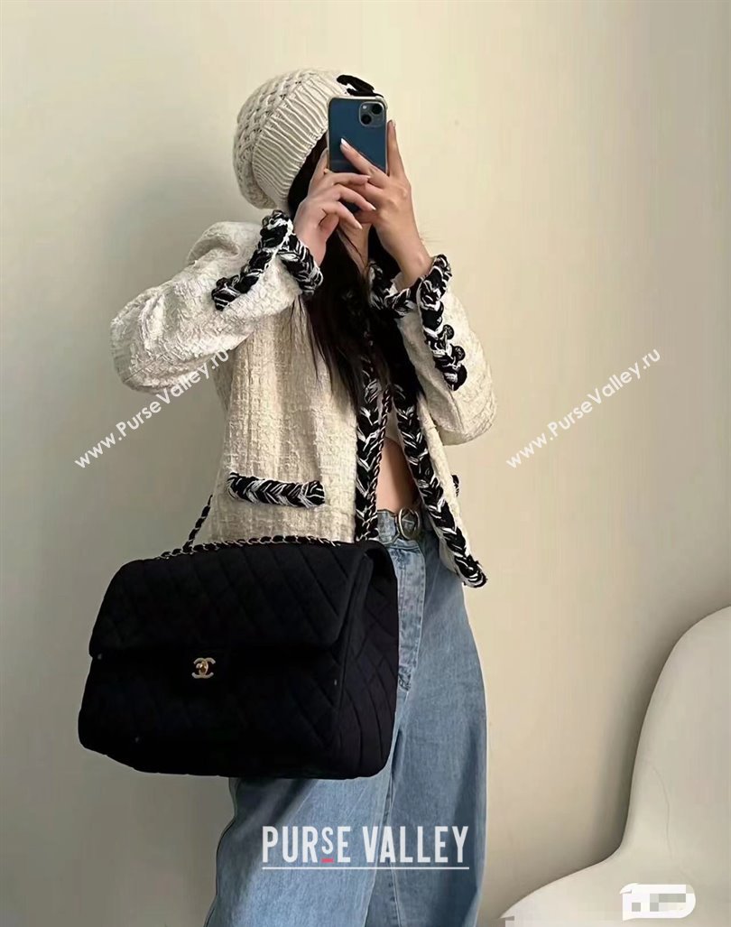 Chanel XXL Airline Travel Flap Bag in Knit Fabric A4661 Black 2024 (yezi-240218007)