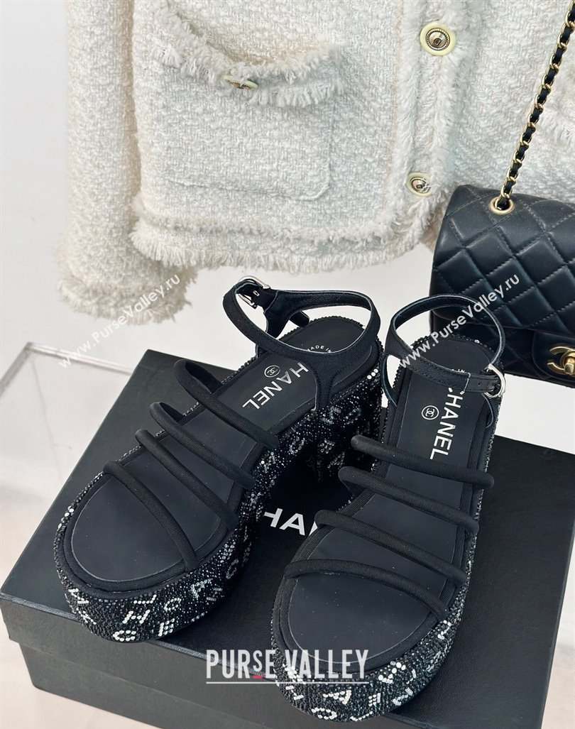 Chanel Calfskin Crystals Heel Platform Sandals with Letterings Black 2024 0223 (MD-240223083)