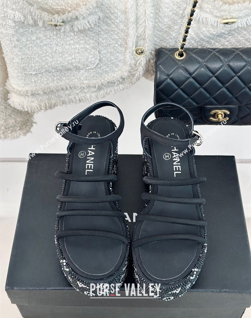 Chanel Calfskin Crystals Heel Platform Sandals with Letterings Black 2024 0223 (MD-240223083)