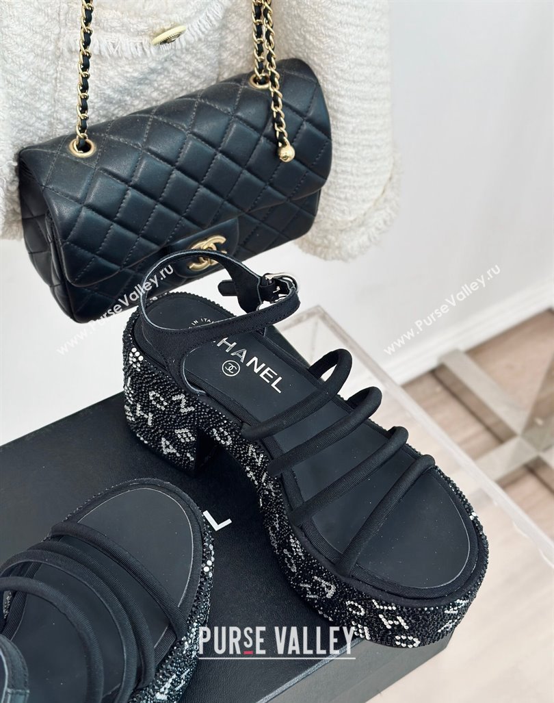 Chanel Calfskin Crystals Heel Platform Sandals with Letterings Black 2024 0223 (MD-240223083)