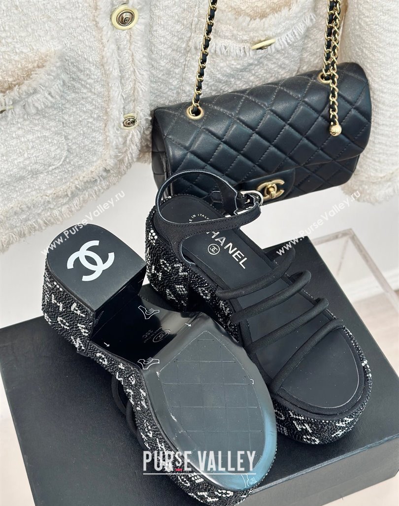 Chanel Calfskin Crystals Heel Platform Sandals with Letterings Black 2024 0223 (MD-240223083)