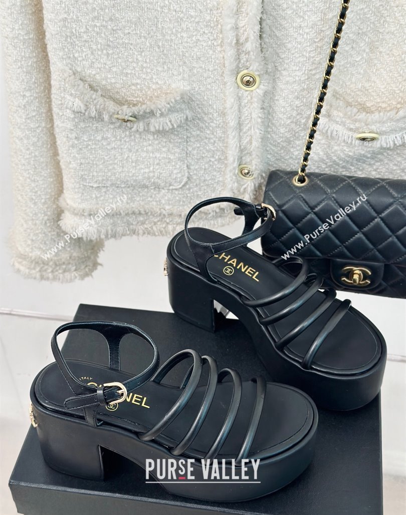 Chanel Calfskin Leather Heel Platform Sandals Black 2024 0223 (MD-240223086)