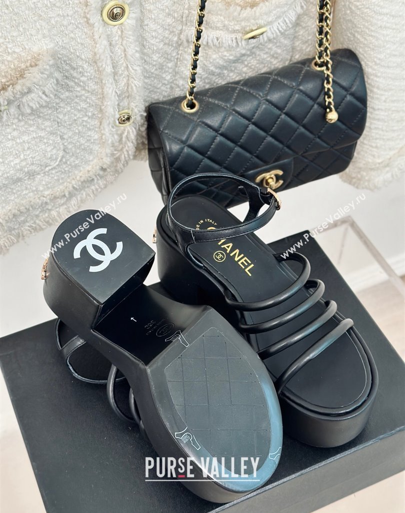 Chanel Calfskin Leather Heel Platform Sandals Black 2024 0223 (MD-240223086)