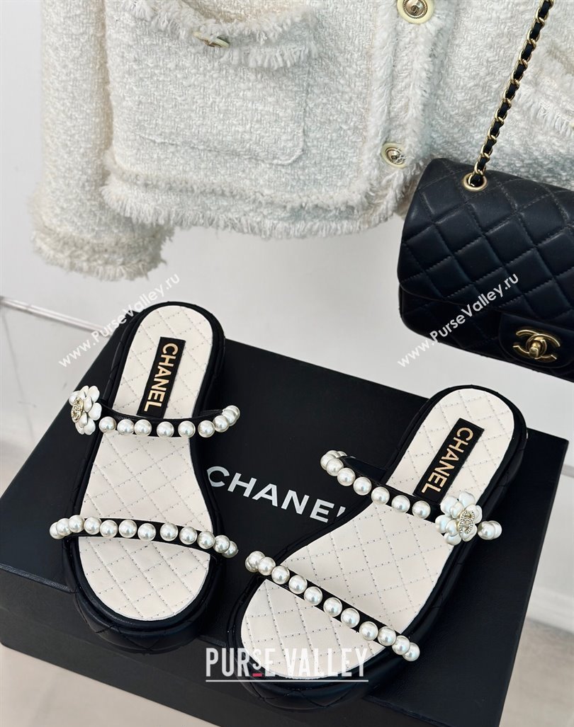 Chanel Quilted Lambskin and Pearls Heel Slide Sandals 3cm Black 2024 0223 (MD-240223095)