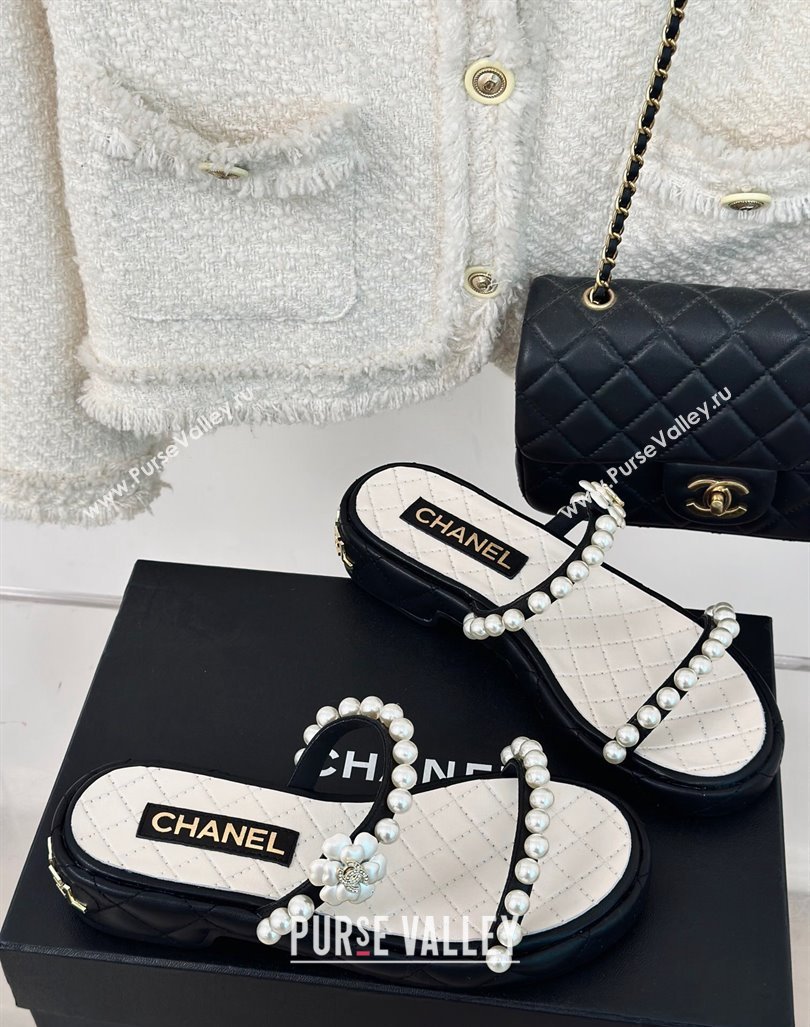 Chanel Quilted Lambskin and Pearls Heel Slide Sandals 3cm Black 2024 0223 (MD-240223095)