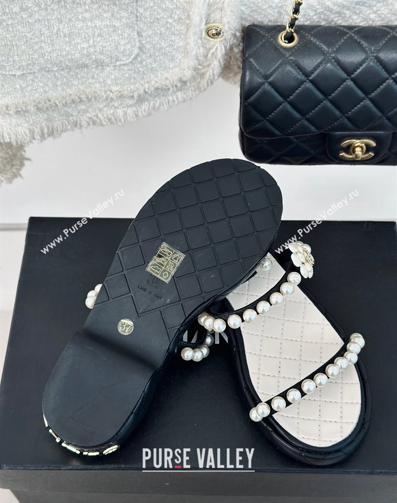 Chanel Quilted Lambskin and Pearls Heel Slide Sandals 3cm Black 2024 0223 (MD-240223095)