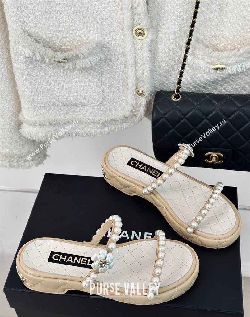 Chanel Quilted Lambskin and Pearls Heel Slide Sandals 3cm Beige 2024 0223 (MD-240223096)