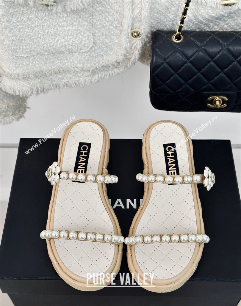 Chanel Quilted Lambskin and Pearls Heel Slide Sandals 3cm Beige 2024 0223 (MD-240223096)