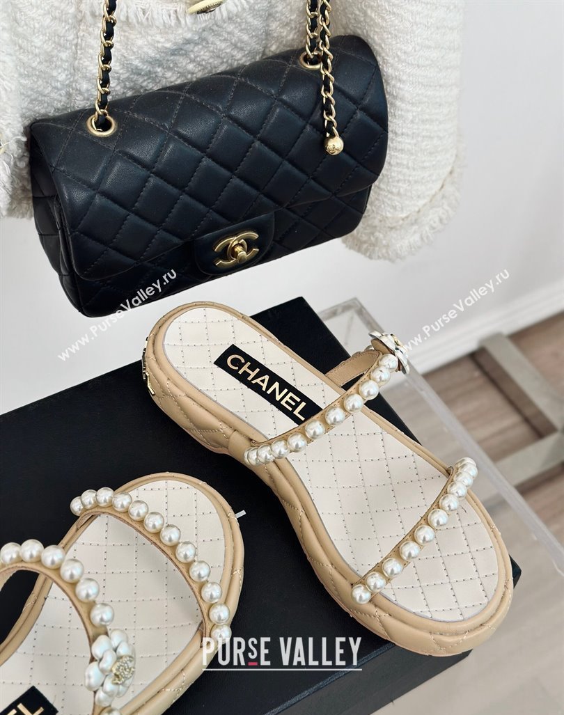 Chanel Quilted Lambskin and Pearls Heel Slide Sandals 3cm Beige 2024 0223 (MD-240223096)