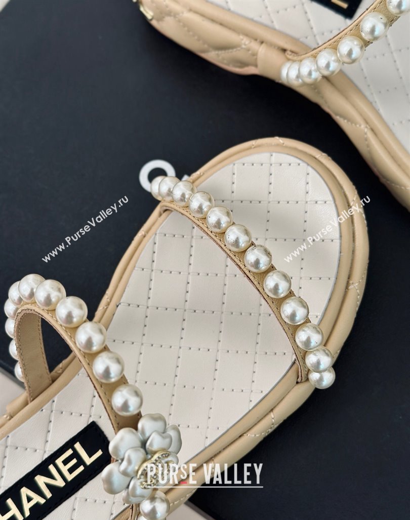 Chanel Quilted Lambskin and Pearls Heel Slide Sandals 3cm Beige 2024 0223 (MD-240223096)