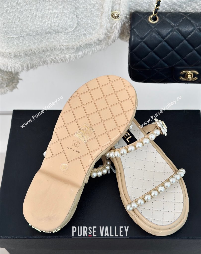 Chanel Quilted Lambskin and Pearls Heel Slide Sandals 3cm Beige 2024 0223 (MD-240223096)