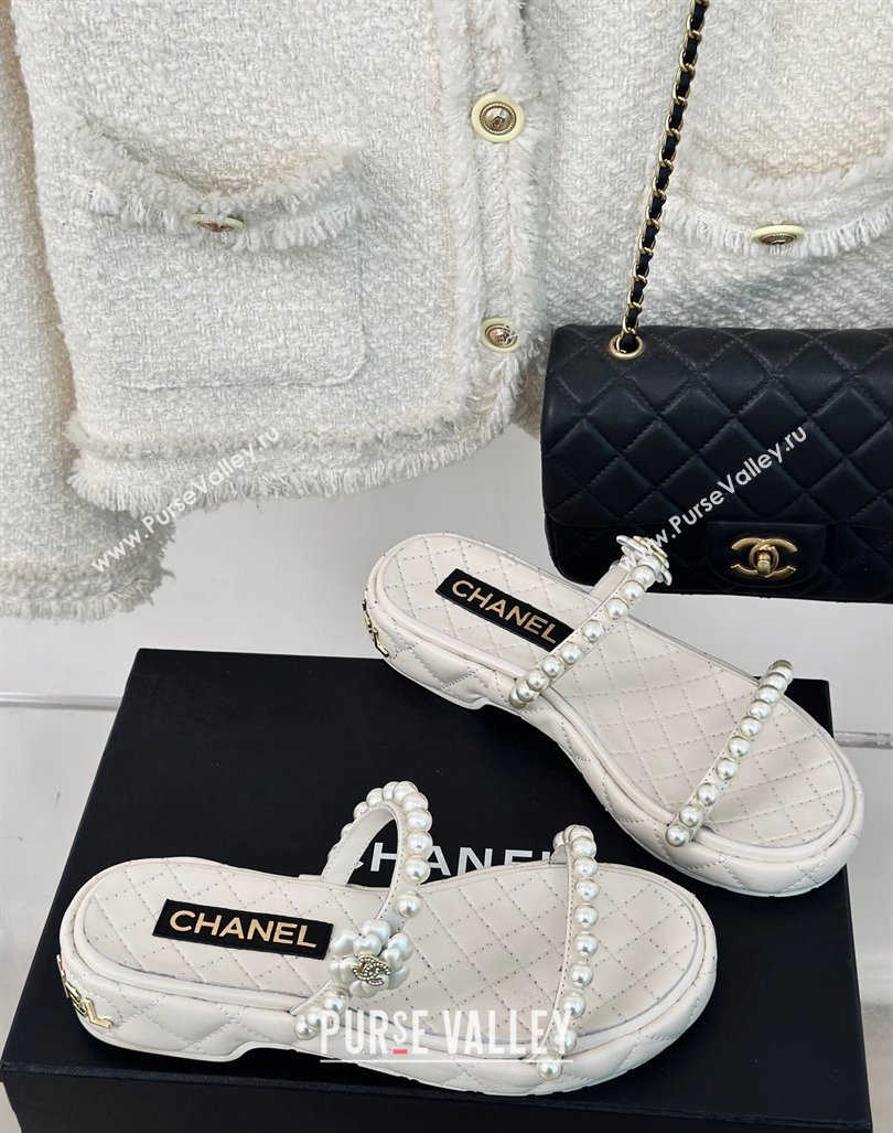 Chanel Quilted Lambskin and Pearls Heel Slide Sandals 3cm White 2024 0223 (MD-240223097)