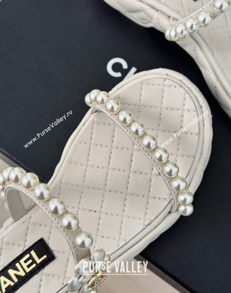 Chanel Quilted Lambskin and Pearls Heel Slide Sandals 3cm White 2024 0223 (MD-240223097)