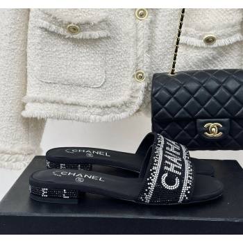 Chanel Crystals Flat Slide Sandals with Logo Band Black 2024 0223 (MD-240223101)