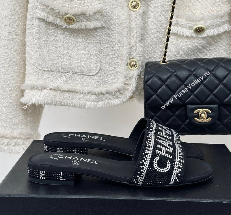 Chanel Crystals Flat Slide Sandals with Logo Band Black 2024 0223 (MD-240223101)