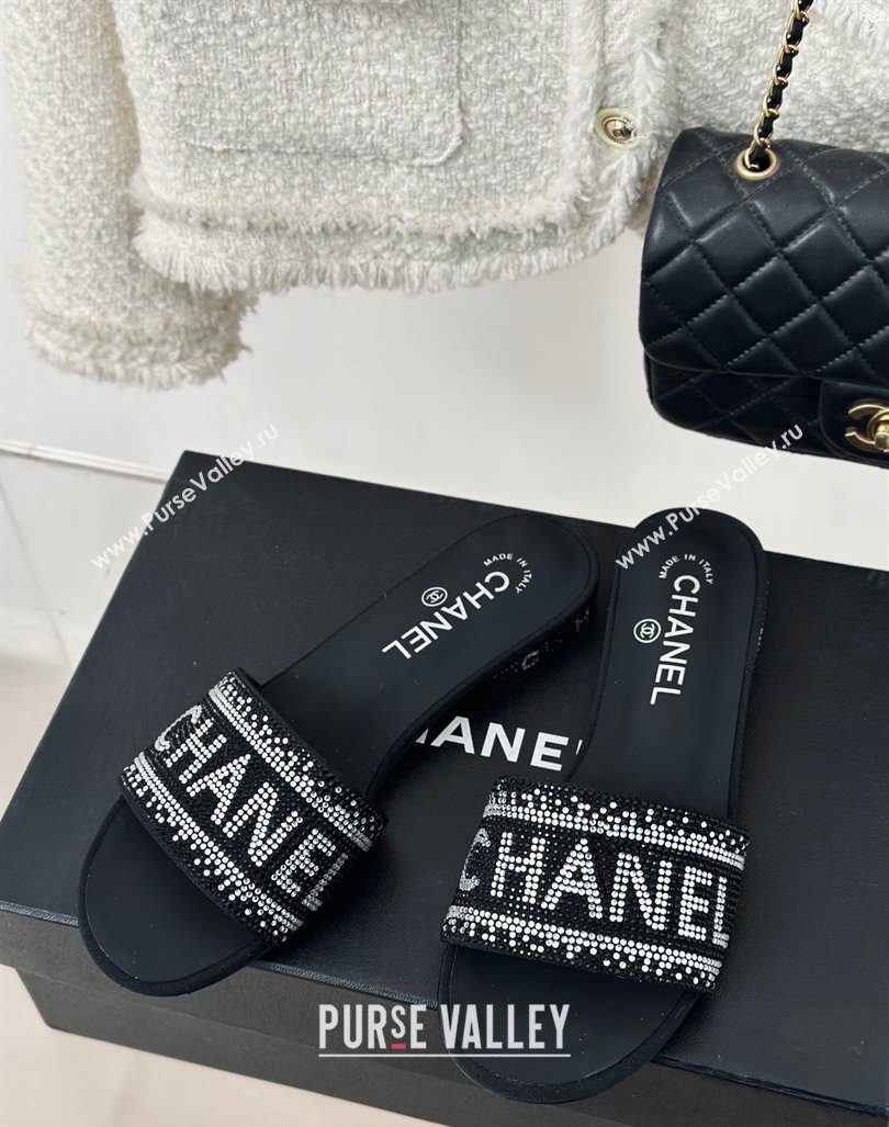 Chanel Crystals Flat Slide Sandals with Logo Band Black 2024 0223 (MD-240223101)