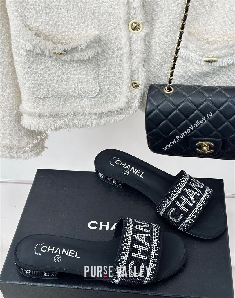 Chanel Crystals Flat Slide Sandals with Logo Band Black 2024 0223 (MD-240223101)