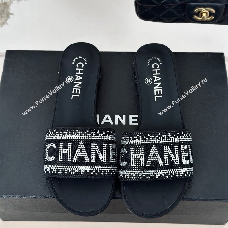 Chanel Crystals Flat Slide Sandals with Logo Band Black 2024 0223 (MD-240223101)