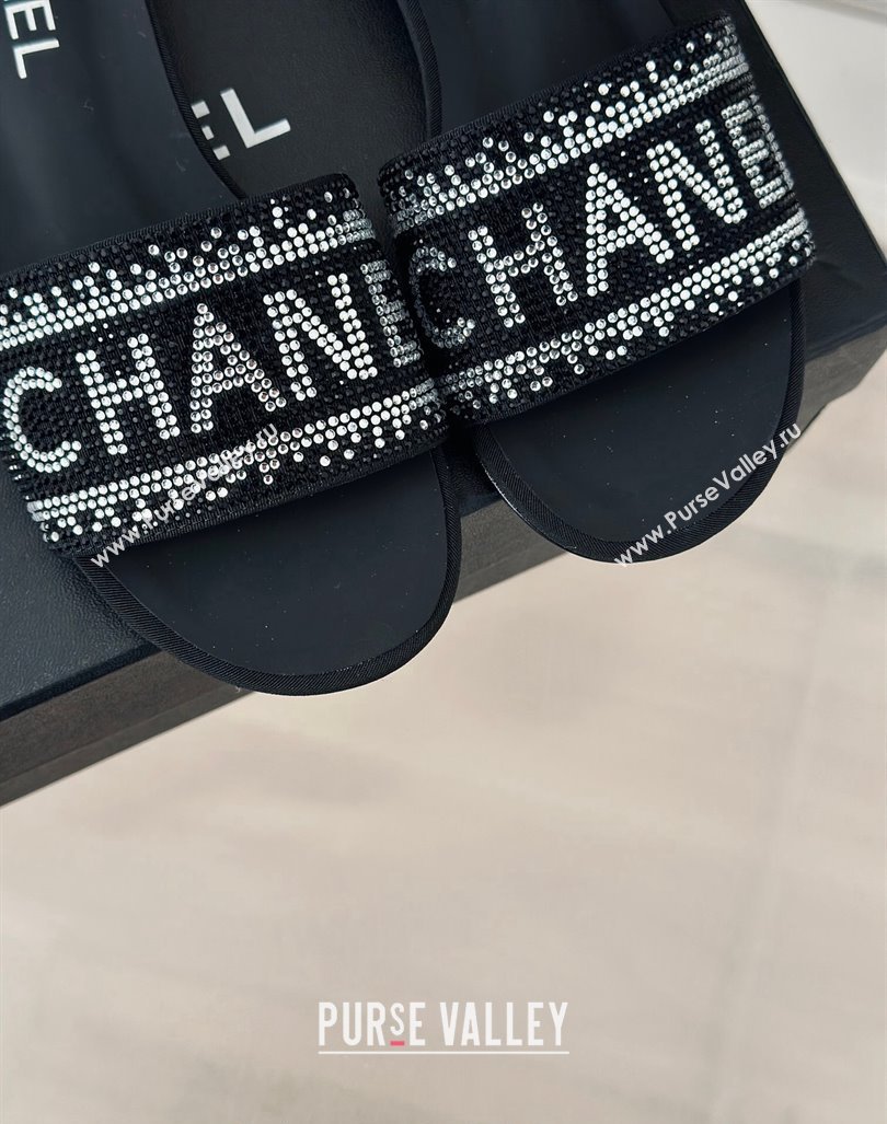 Chanel Crystals Flat Slide Sandals with Logo Band Black 2024 0223 (MD-240223101)