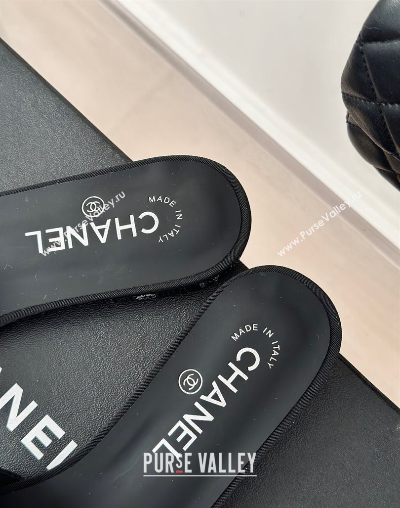 Chanel Crystals Flat Slide Sandals with Logo Band Black 2024 0223 (MD-240223101)