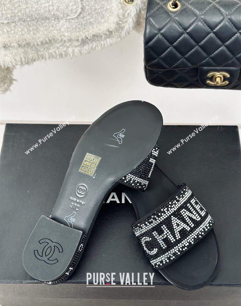 Chanel Crystals Flat Slide Sandals with Logo Band Black 2024 0223 (MD-240223101)