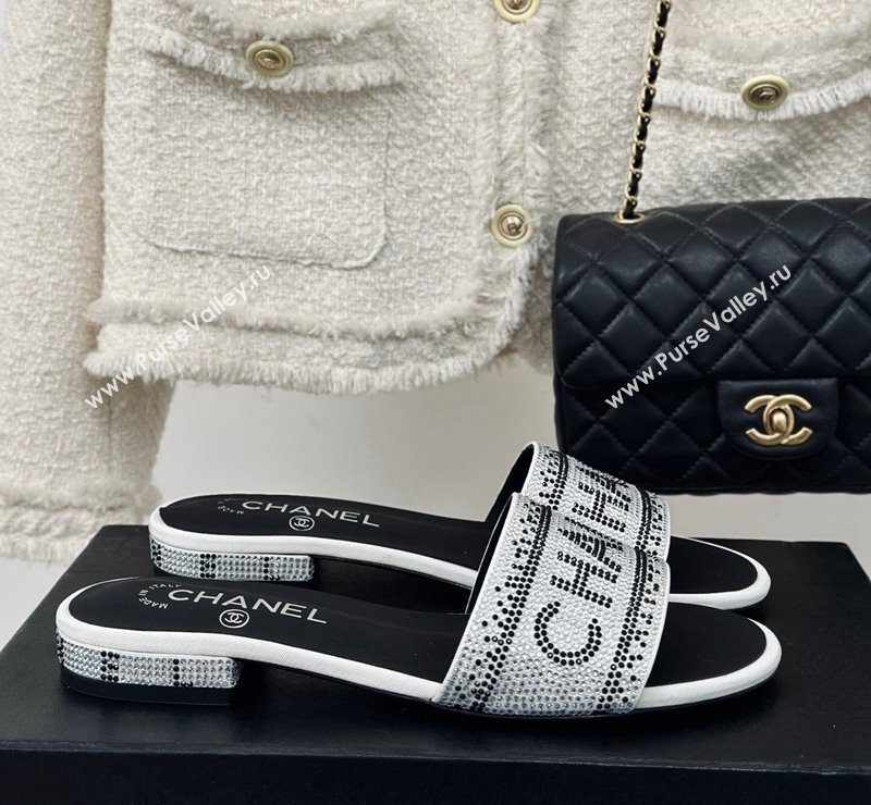 Chanel Crystals Flat Slide Sandals with Logo Band White 2024 0223 (MD-240223102)