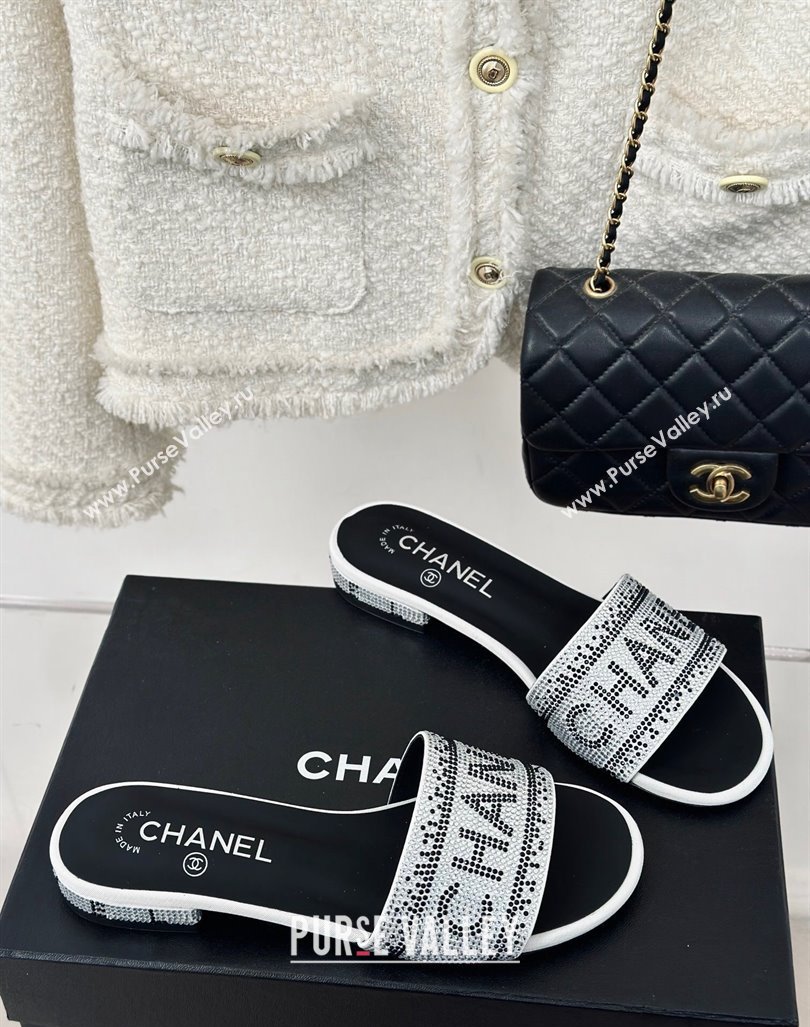 Chanel Crystals Flat Slide Sandals with Logo Band White 2024 0223 (MD-240223102)