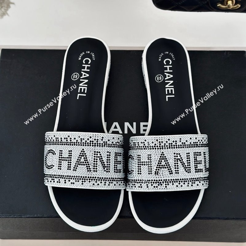 Chanel Crystals Flat Slide Sandals with Logo Band White 2024 0223 (MD-240223102)