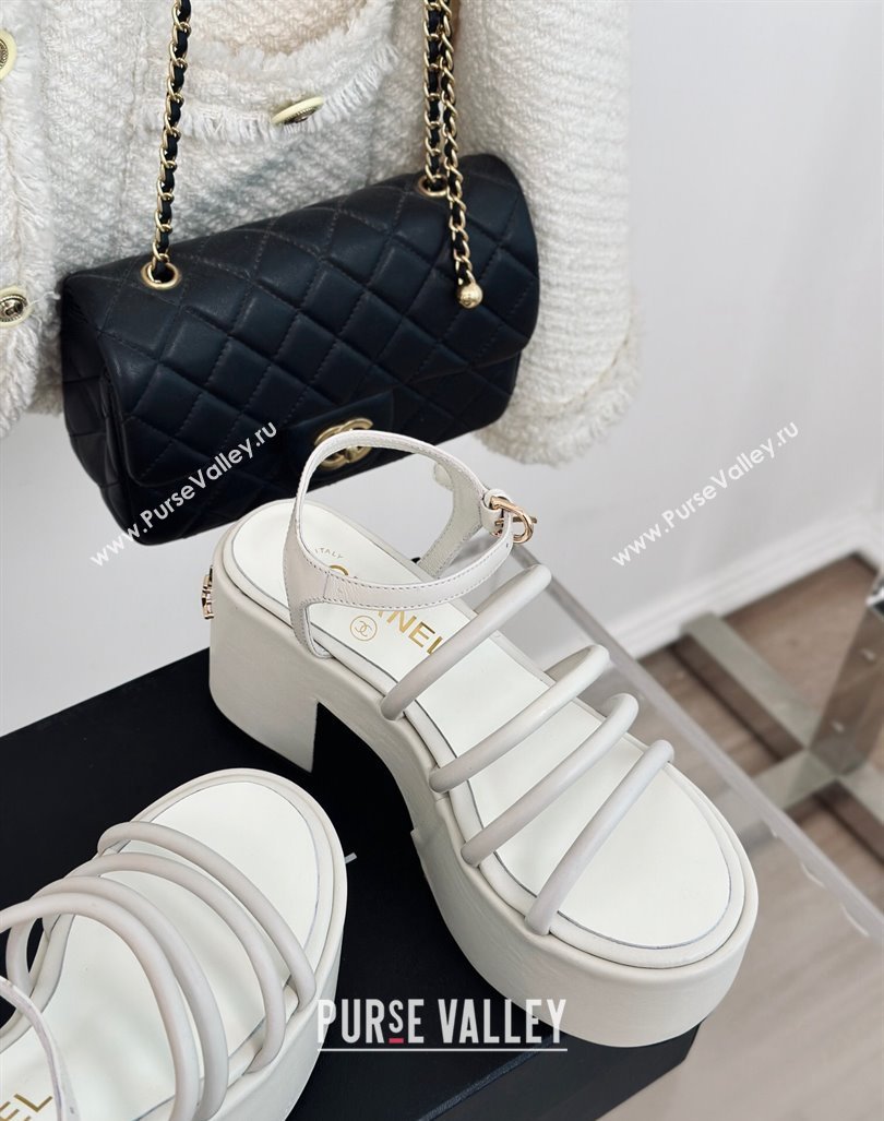 Chanel Calfskin Leather Heel Platform Sandals White 2024 0223 (MD-240223088)