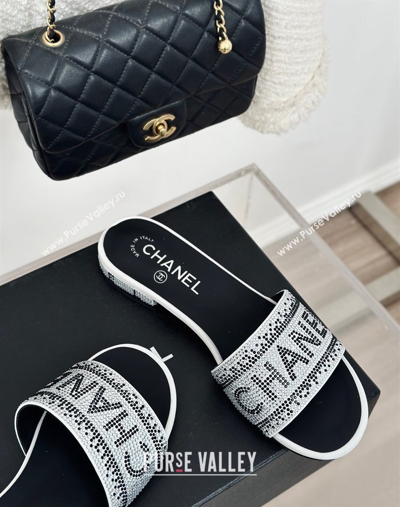 Chanel Crystals Flat Slide Sandals with Logo Band White 2024 0223 (MD-240223102)