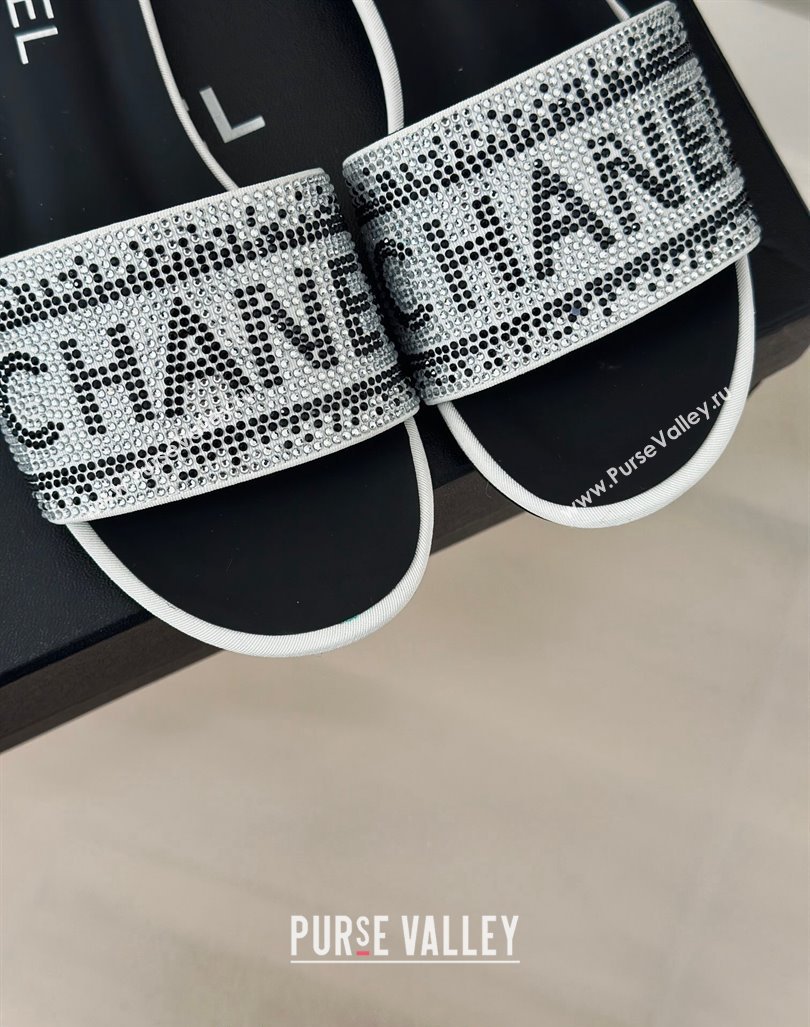 Chanel Crystals Flat Slide Sandals with Logo Band White 2024 0223 (MD-240223102)