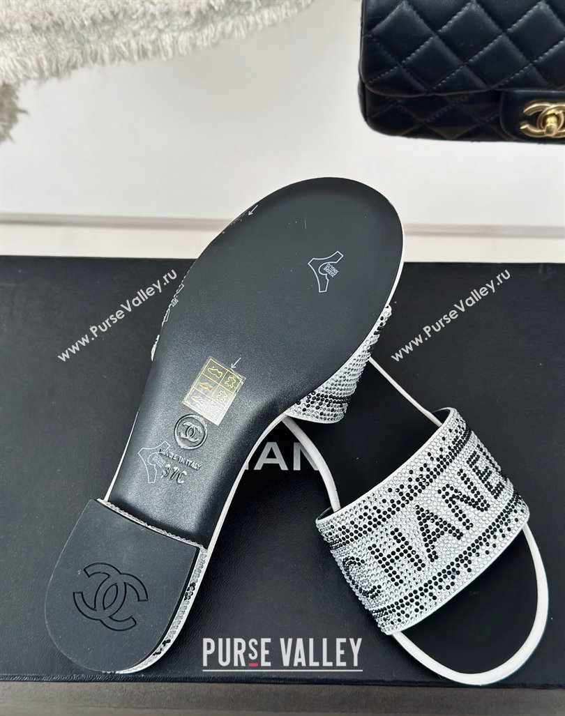 Chanel Crystals Flat Slide Sandals with Logo Band White 2024 0223 (MD-240223102)