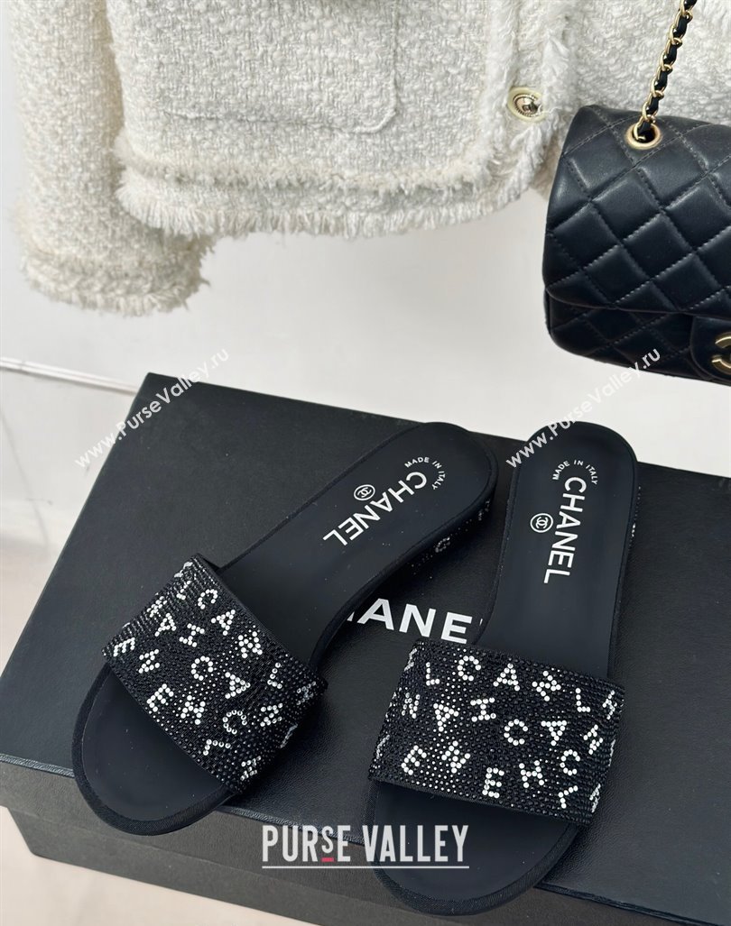 Chanel Crystals Flat Slide Sandals with Letterings Black 2024 0223 (MD-240223106)