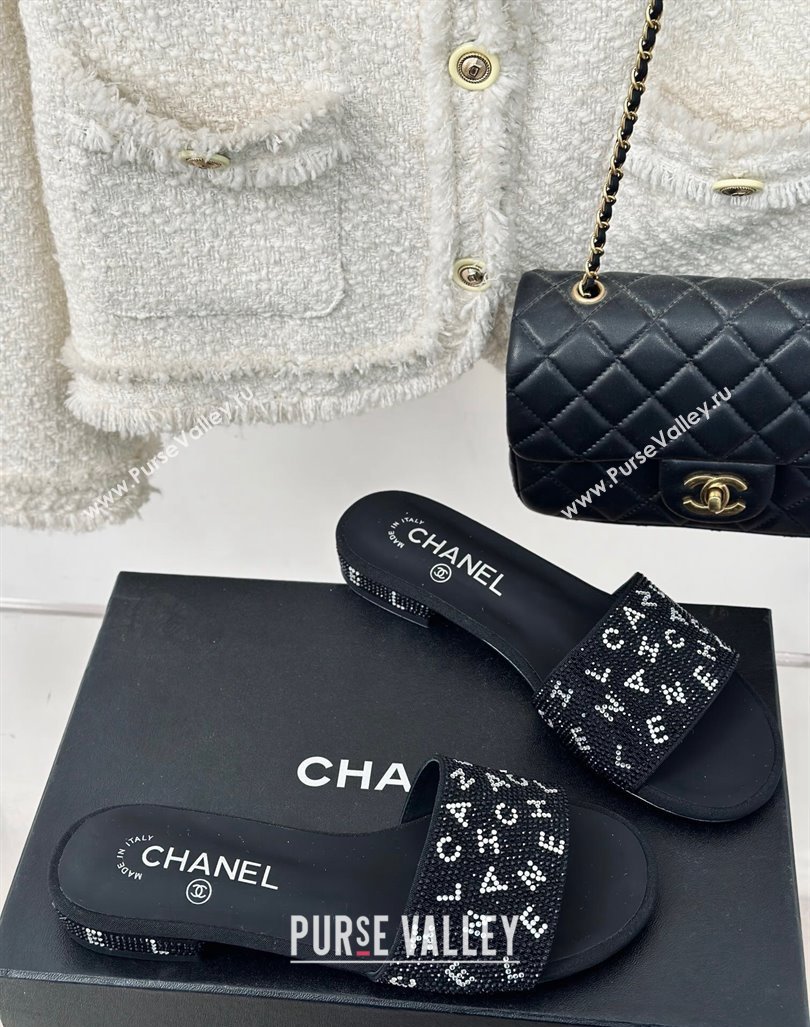 Chanel Crystals Flat Slide Sandals with Letterings Black 2024 0223 (MD-240223106)