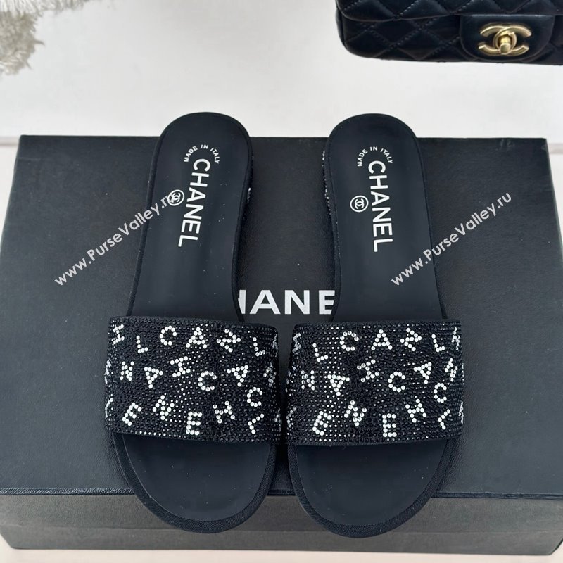 Chanel Crystals Flat Slide Sandals with Letterings Black 2024 0223 (MD-240223106)