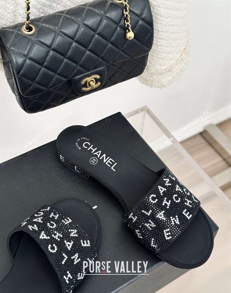 Chanel Crystals Flat Slide Sandals with Letterings Black 2024 0223 (MD-240223106)