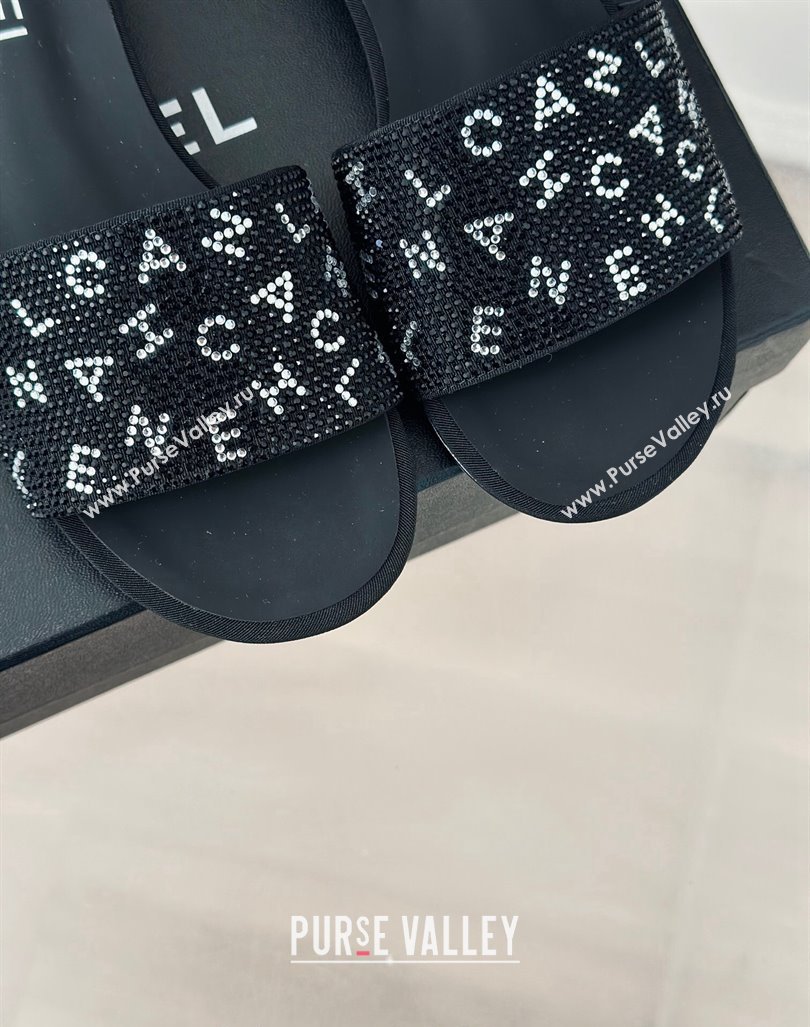 Chanel Crystals Flat Slide Sandals with Letterings Black 2024 0223 (MD-240223106)