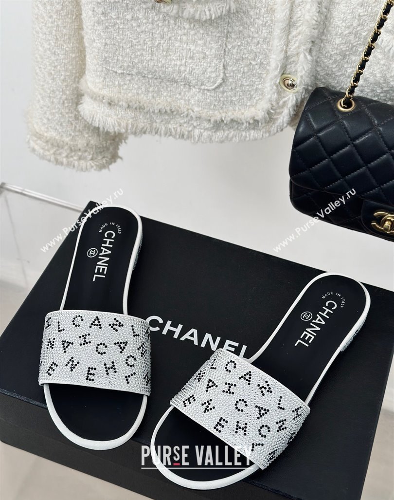 Chanel Crystals Flat Slide Sandals with Letterings White 2024 0223 (MD-240223107)