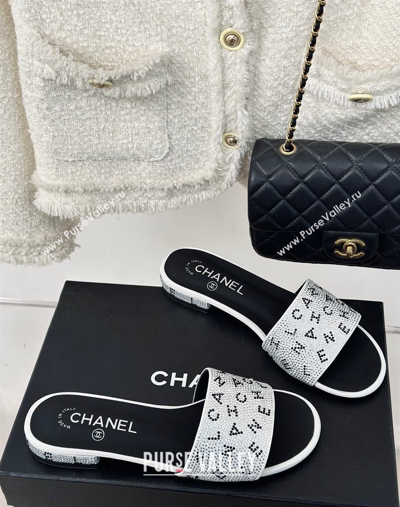 Chanel Crystals Flat Slide Sandals with Letterings White 2024 0223 (MD-240223107)