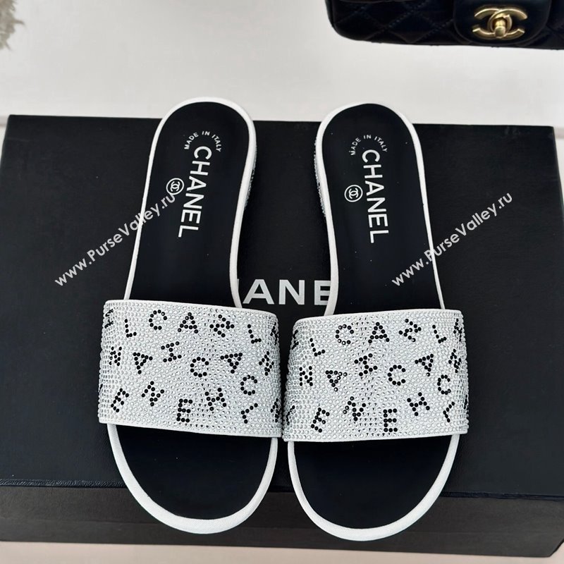 Chanel Crystals Flat Slide Sandals with Letterings White 2024 0223 (MD-240223107)