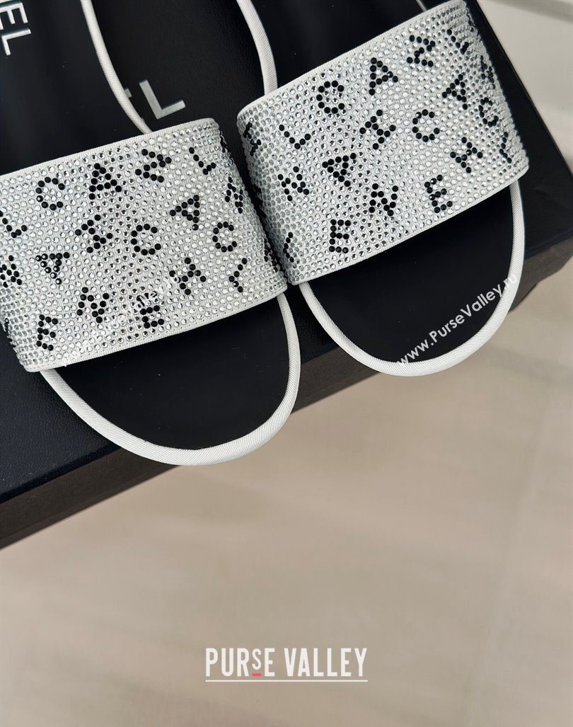 Chanel Crystals Flat Slide Sandals with Letterings White 2024 0223 (MD-240223107)