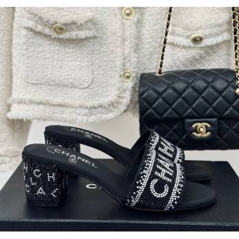 Chanel Crystals Heel Slide Sandals 6cm with Logo Band Black 2024 0223 (MD-240223103)