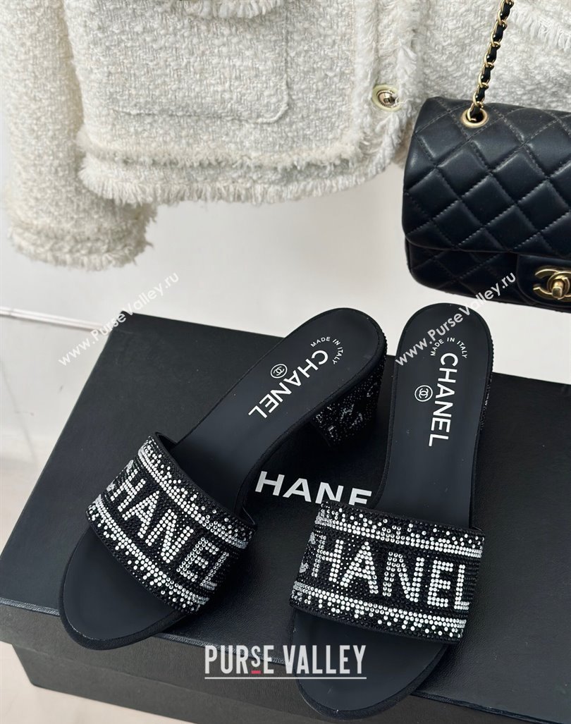 Chanel Crystals Heel Slide Sandals 6cm with Logo Band Black 2024 0223 (MD-240223103)