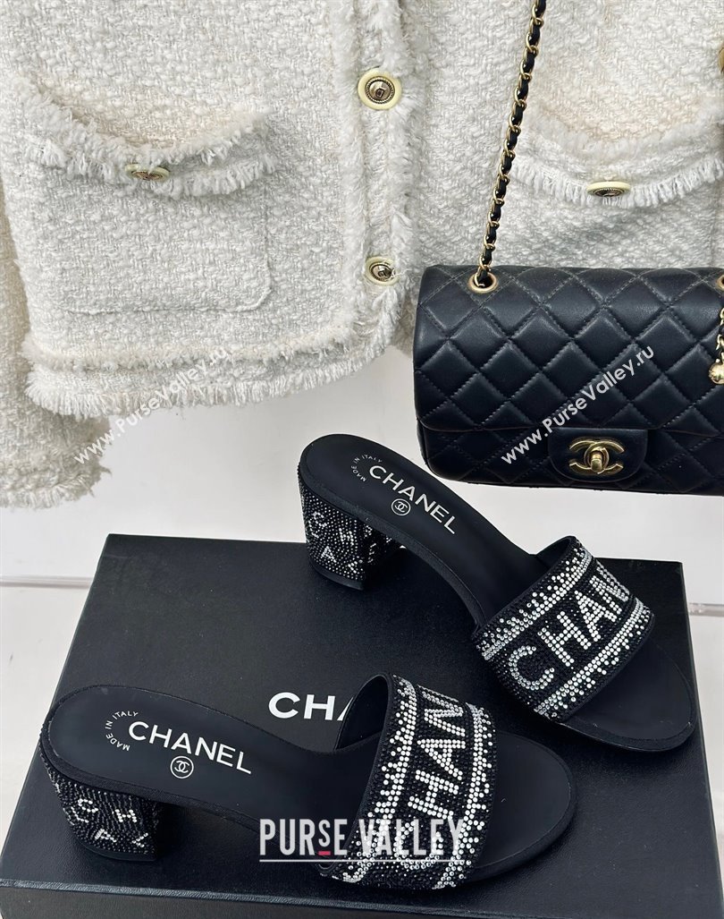 Chanel Crystals Heel Slide Sandals 6cm with Logo Band Black 2024 0223 (MD-240223103)