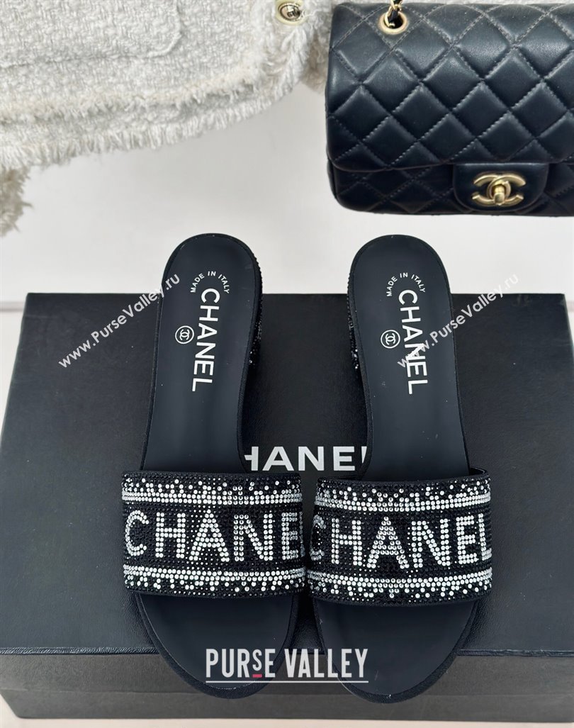 Chanel Crystals Heel Slide Sandals 6cm with Logo Band Black 2024 0223 (MD-240223103)