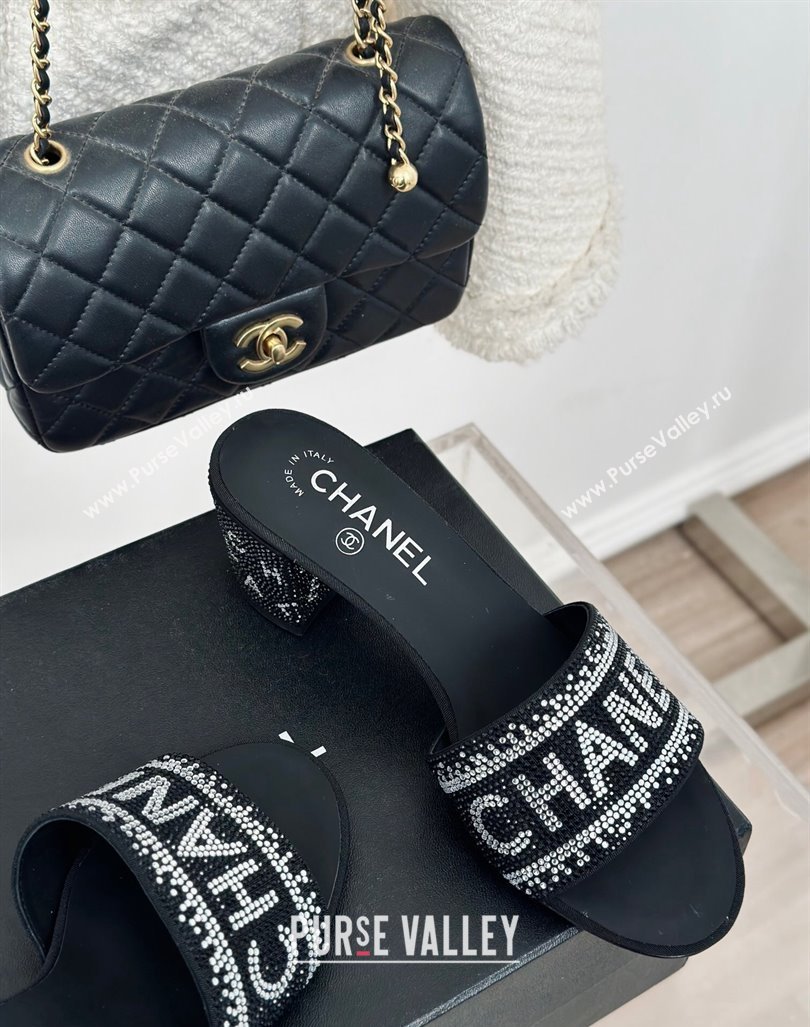 Chanel Crystals Heel Slide Sandals 6cm with Logo Band Black 2024 0223 (MD-240223103)